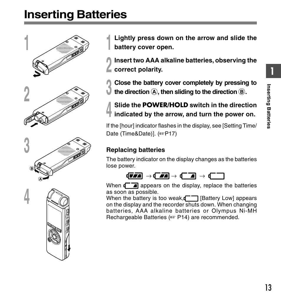 Inserting batteries | Olympus DS-61 User Manual | Page 13 / 171