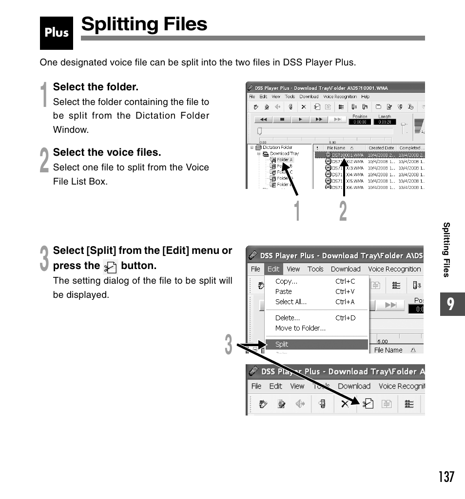 Splitting files | Olympus DS-61 User Manual | Page 137 / 171