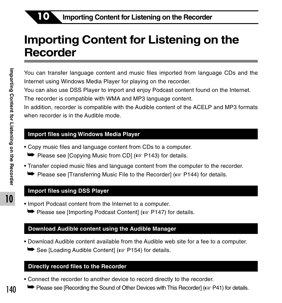 Importing content for listening on the recorder | Olympus DS-61 User Manual | Page 140 / 171