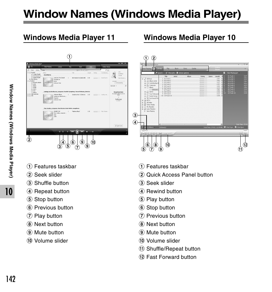 Window names (windows media player), Windows media player 11, Windows media player 10 | Olympus DS-61 User Manual | Page 142 / 171