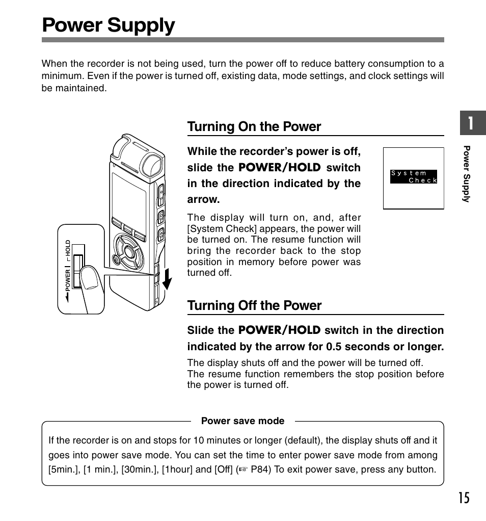 Power supply, Turning on the power, Turning off the power | Olympus DS-61 User Manual | Page 15 / 171