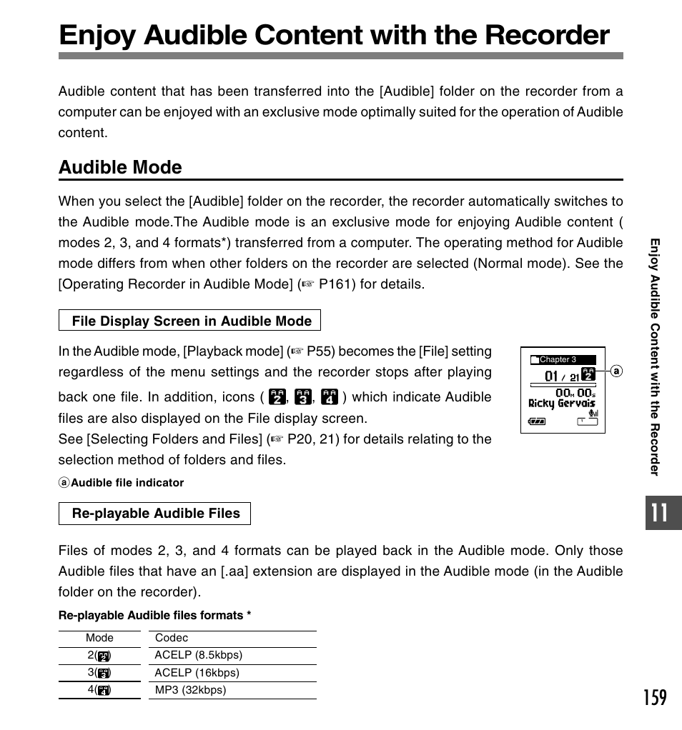 Enjoy audible content with the recorder, Audible mode | Olympus DS-61 User Manual | Page 159 / 171