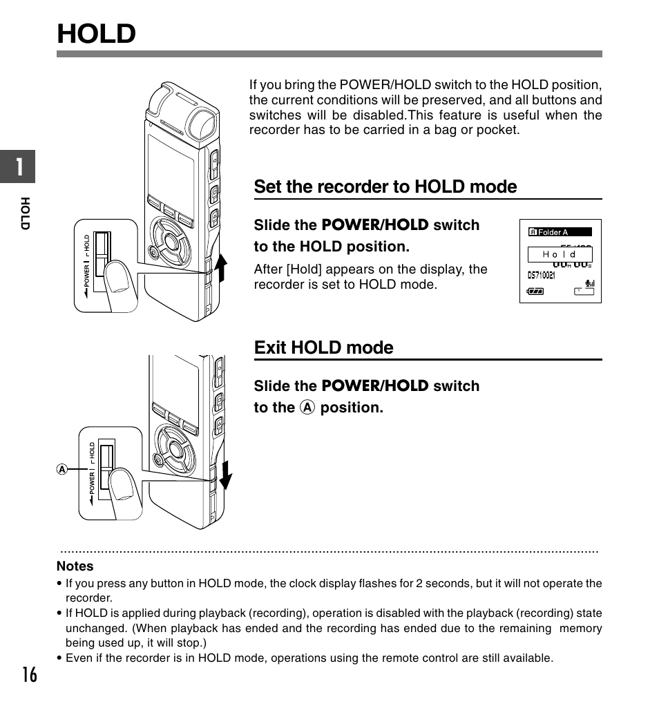 Hold, Set the recorder to hold mode, Exit hold mode | Olympus DS-61 User Manual | Page 16 / 171