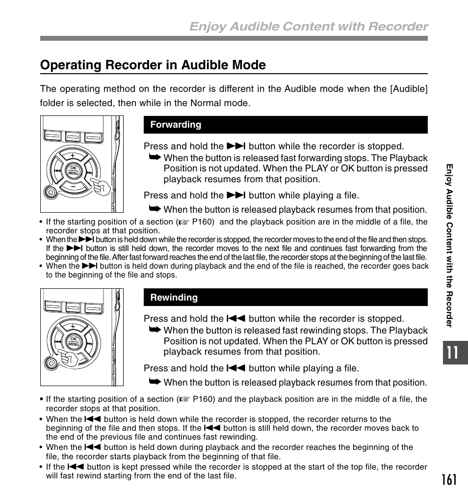Operating recorder in audible mode, Enjoy audible content with recorder | Olympus DS-61 User Manual | Page 161 / 171