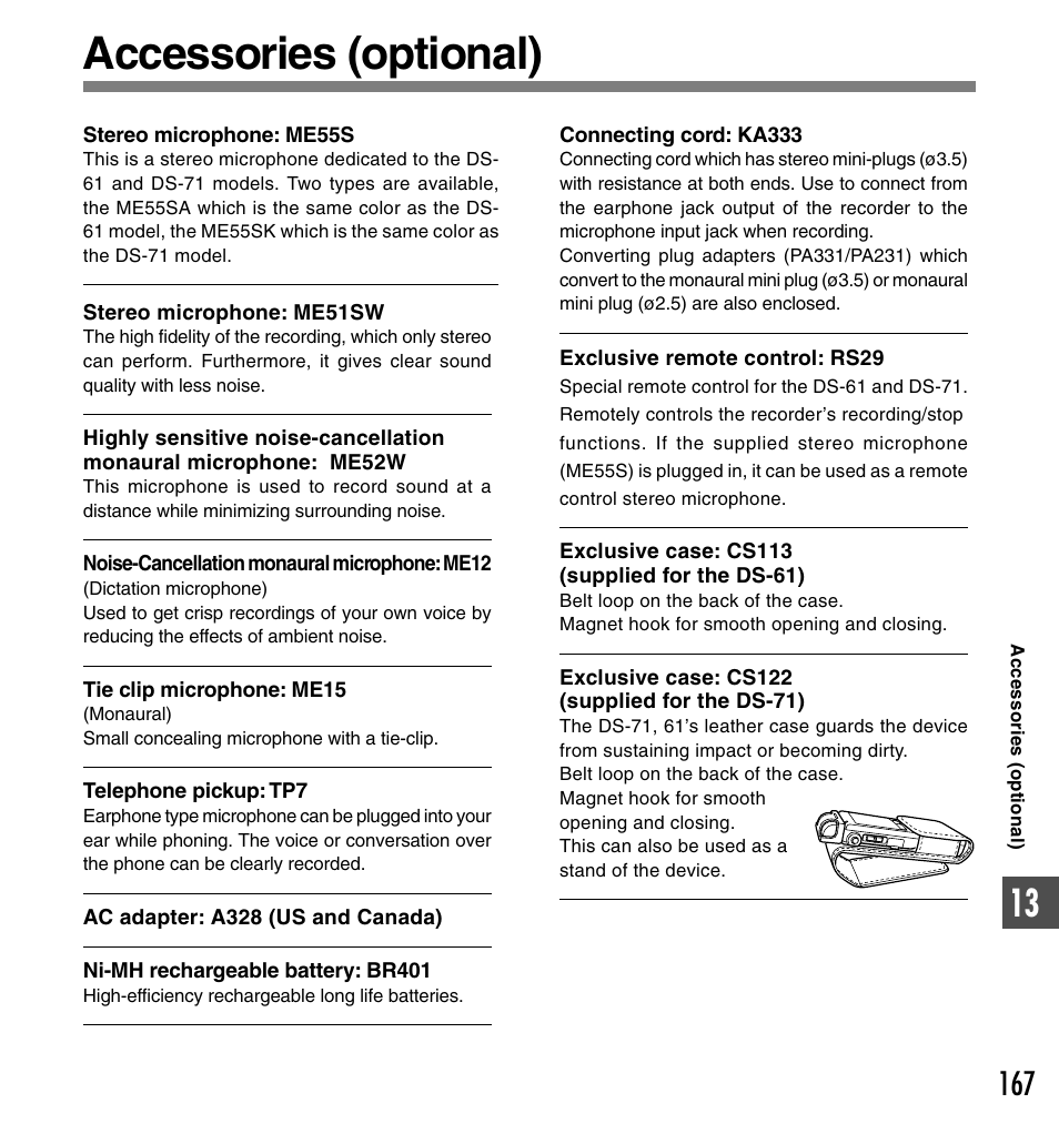 Accessories (optional) | Olympus DS-61 User Manual | Page 167 / 171