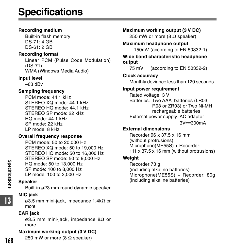 Specifications | Olympus DS-61 User Manual | Page 168 / 171