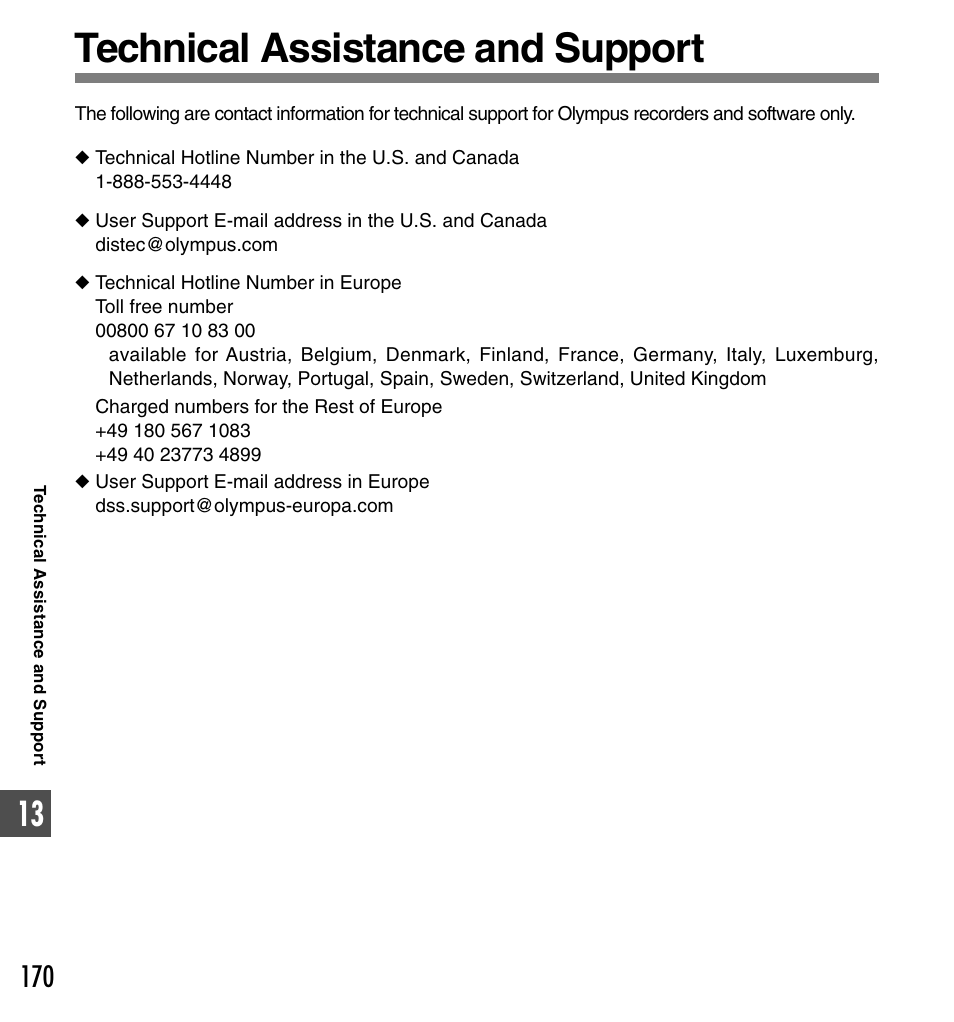 Technical assistance and support | Olympus DS-61 User Manual | Page 170 / 171