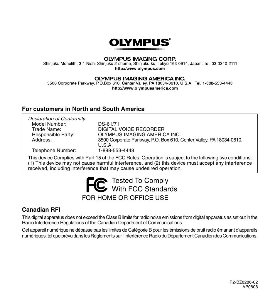 Tested to comply with fcc standards, For home or office use | Olympus DS-61 User Manual | Page 171 / 171