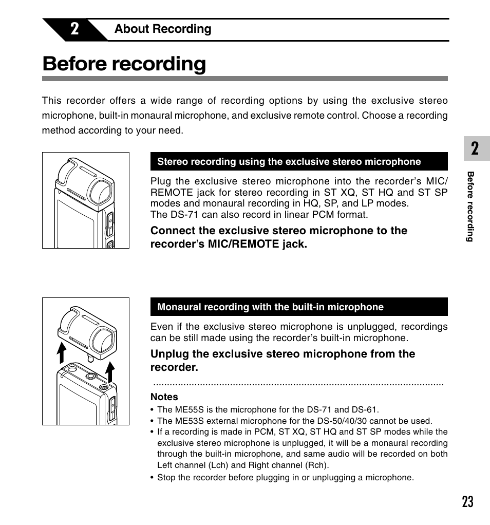 Before recording | Olympus DS-61 User Manual | Page 23 / 171