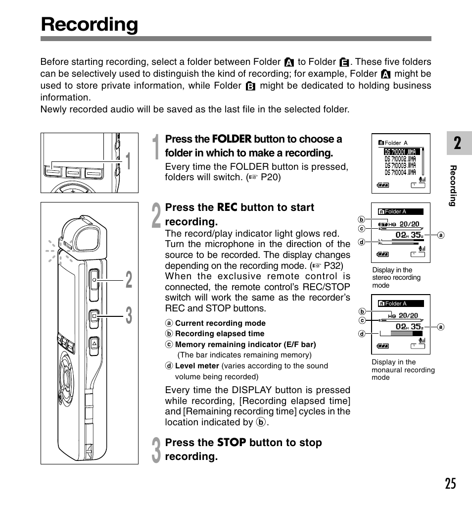 Recording | Olympus DS-61 User Manual | Page 25 / 171