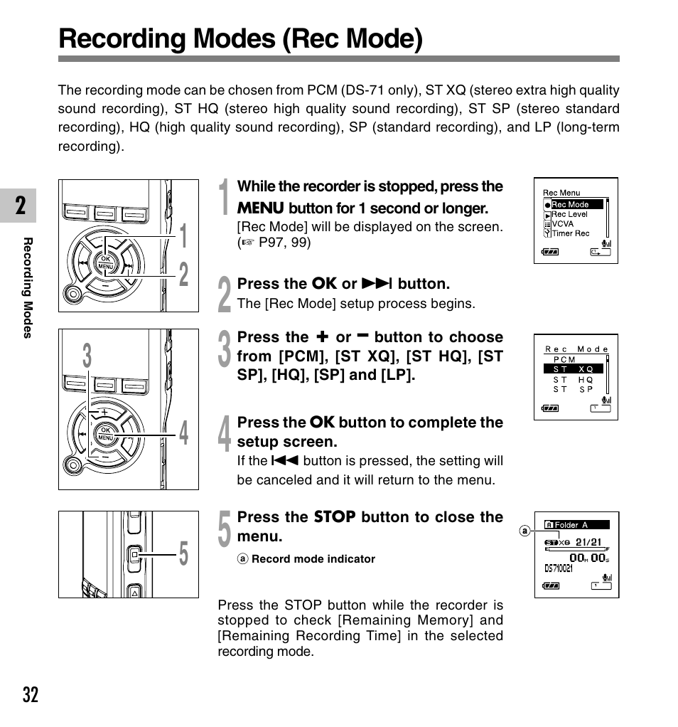 Recording modes (rec mode) | Olympus DS-61 User Manual | Page 32 / 171