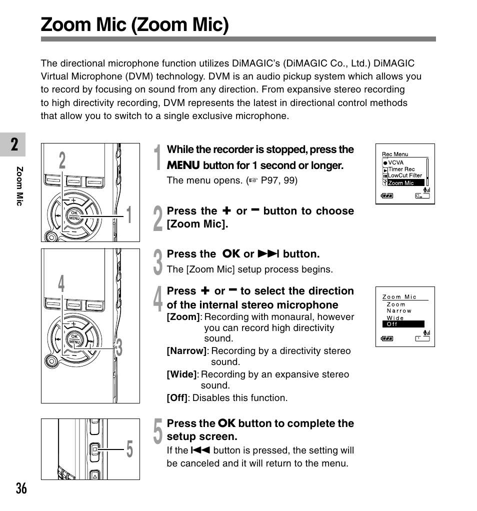 Zoom mic (zoom mic) | Olympus DS-61 User Manual | Page 36 / 171