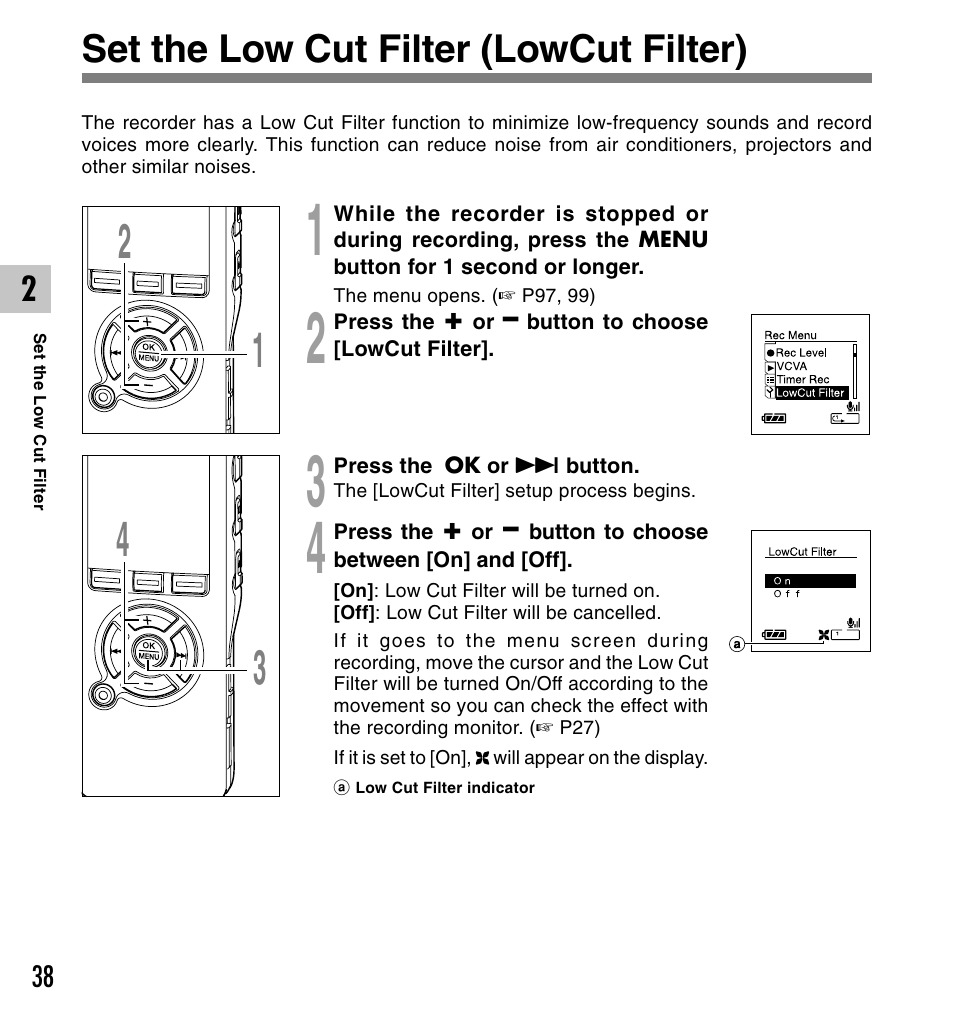 Set the low cut filter (lowcut filter) | Olympus DS-61 User Manual | Page 38 / 171