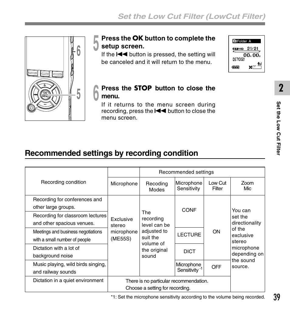 Recommended settings by recording condition | Olympus DS-61 User Manual | Page 39 / 171
