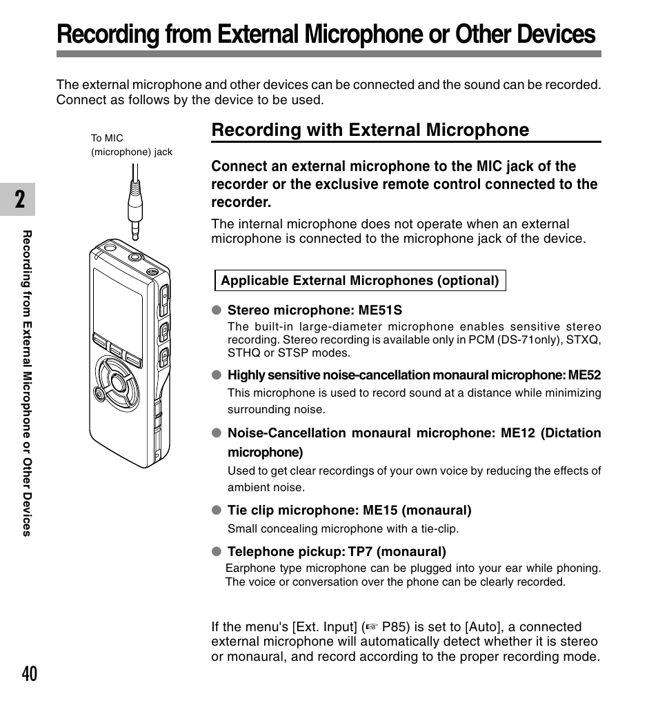 Recording with external microphone | Olympus DS-61 User Manual | Page 40 / 171