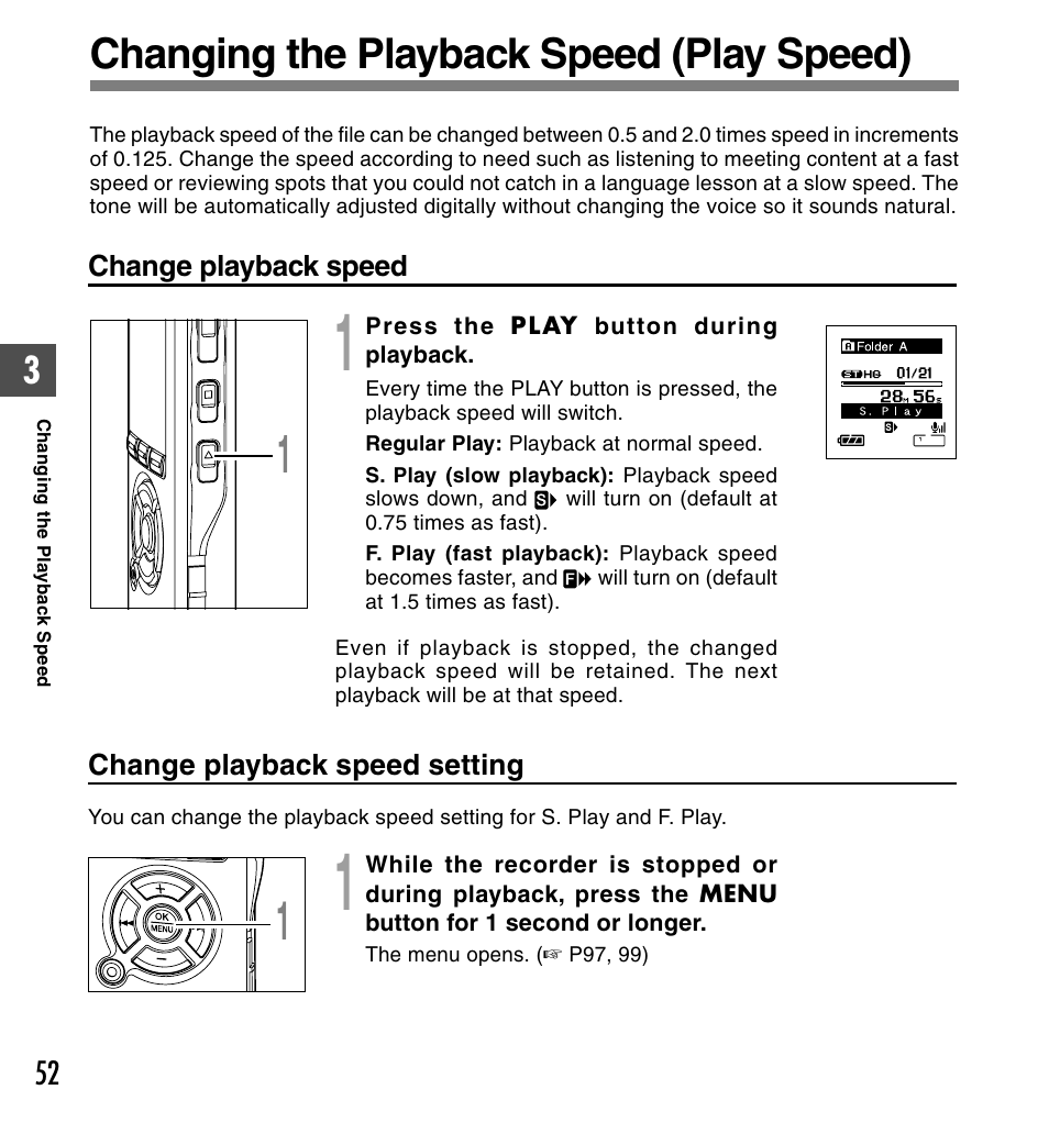 Changing the playback speed (play speed) | Olympus DS-61 User Manual | Page 52 / 171