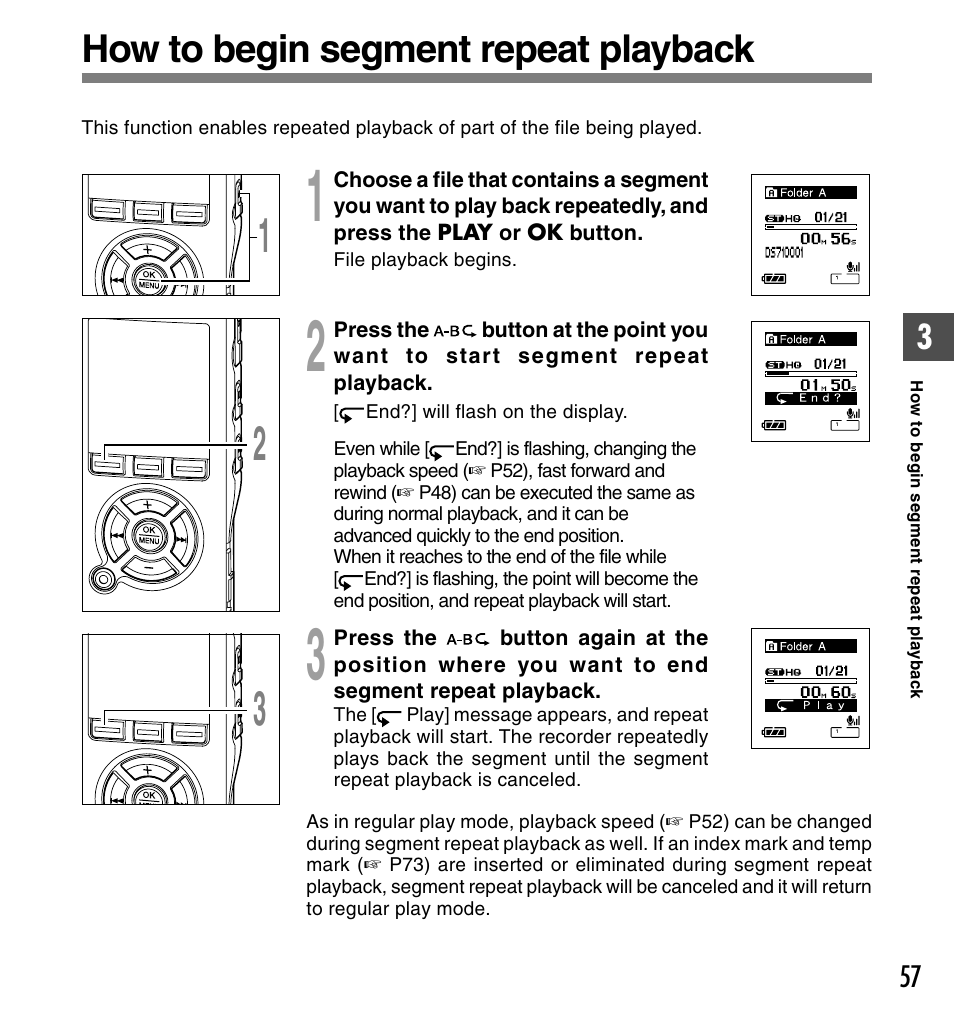 How to begin segment repeat playback | Olympus DS-61 User Manual | Page 57 / 171