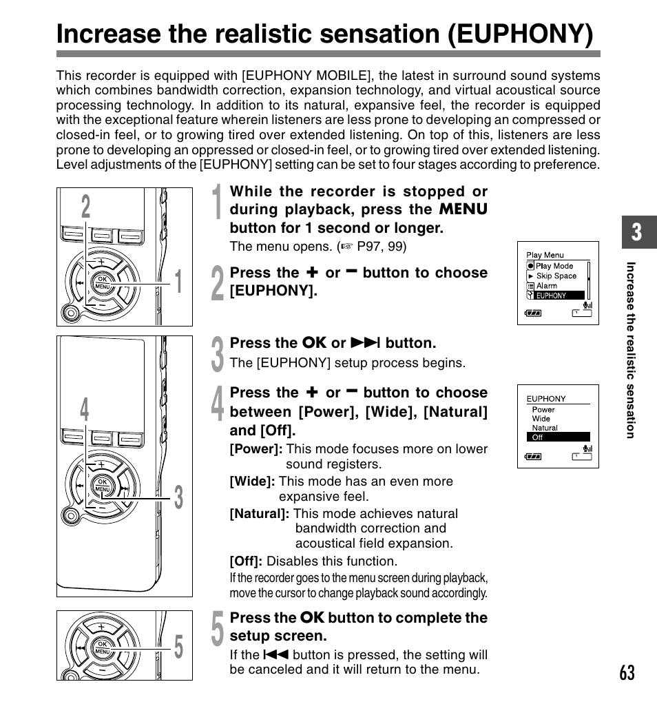 Increase the realistic sensation (euphony) | Olympus DS-61 User Manual | Page 63 / 171
