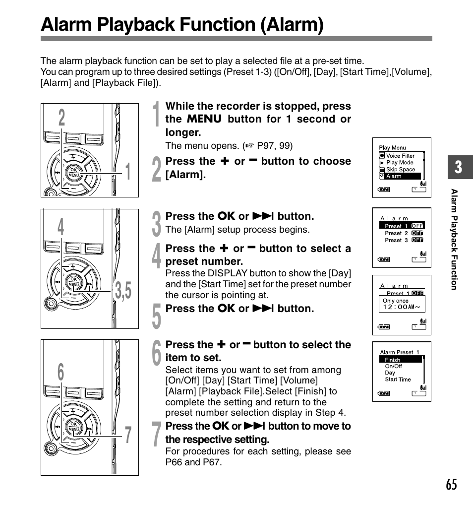 Alarm playback function (alarm) | Olympus DS-61 User Manual | Page 65 / 171