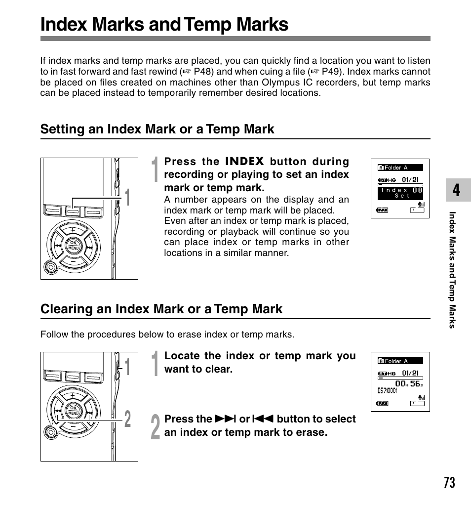 Index marks and temp marks | Olympus DS-61 User Manual | Page 73 / 171