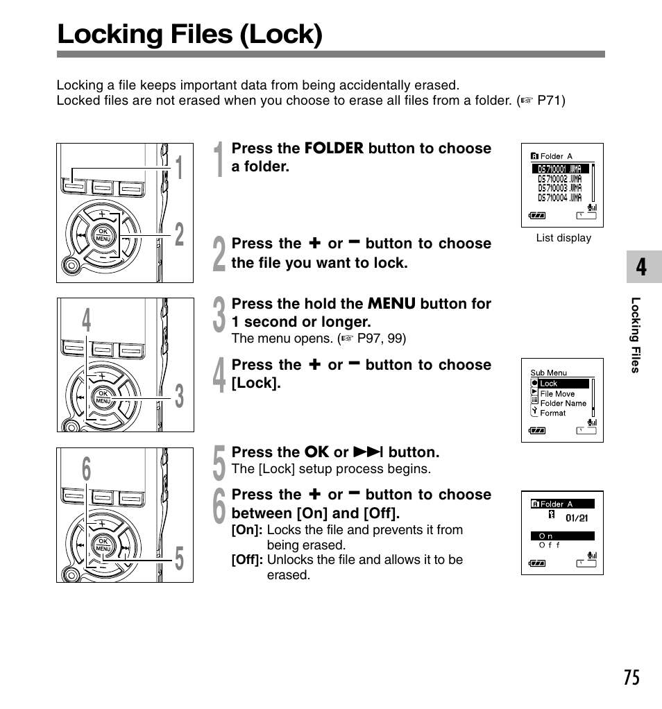 Locking files (lock) | Olympus DS-61 User Manual | Page 75 / 171