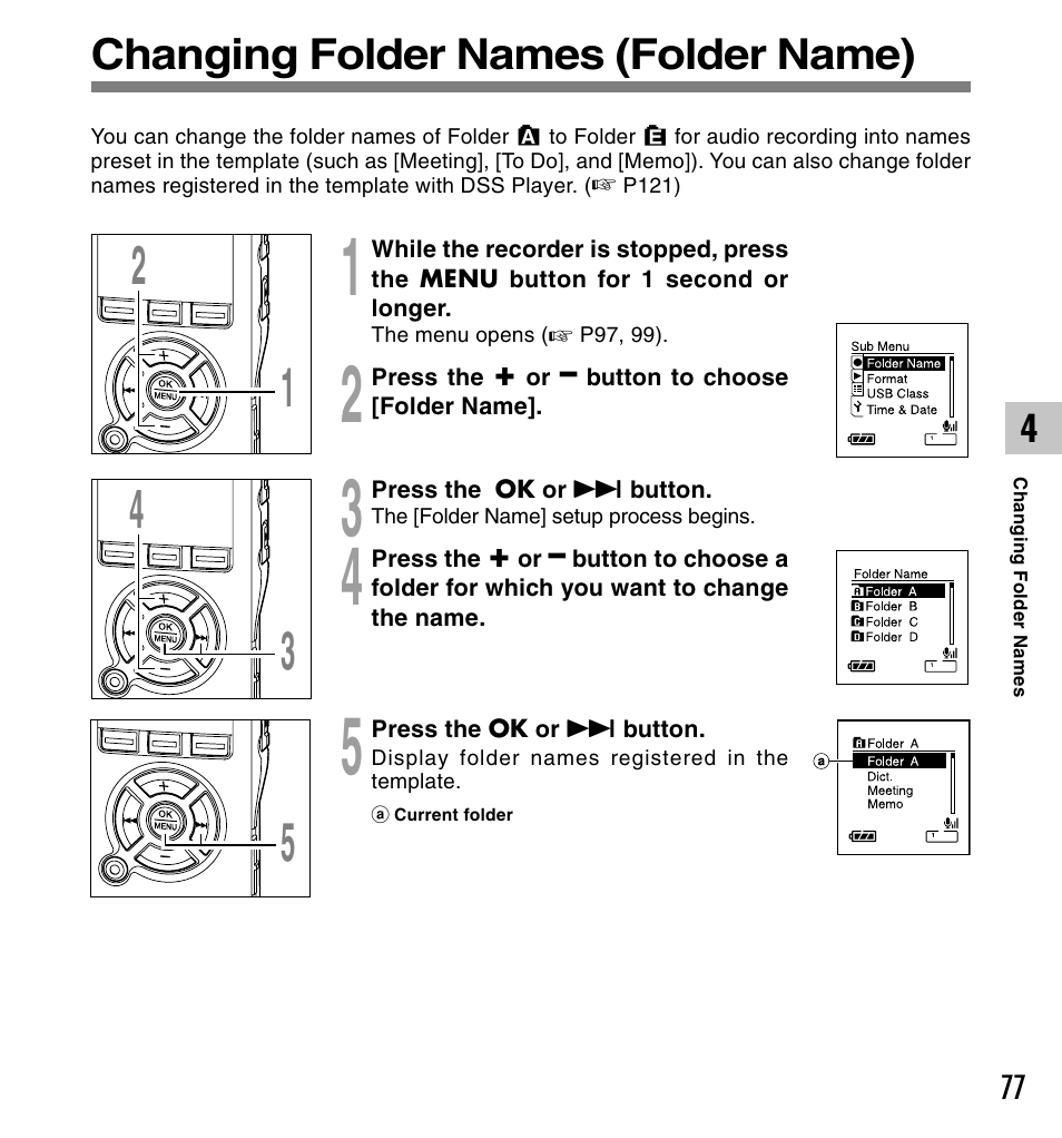 Changing folder names (folder name) | Olympus DS-61 User Manual | Page 77 / 171