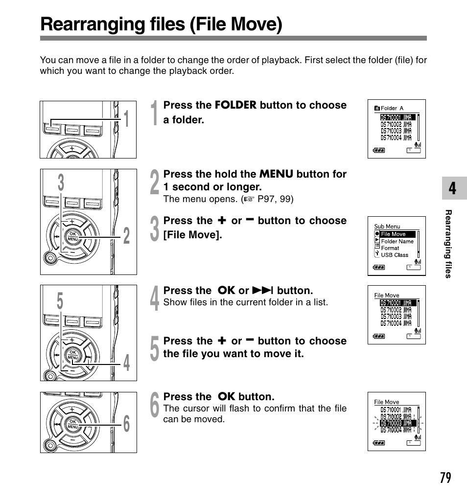 Rearranging files (file move) | Olympus DS-61 User Manual | Page 79 / 171