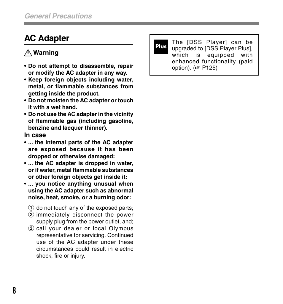 Ac adapter, General precautions | Olympus DS-61 User Manual | Page 8 / 171