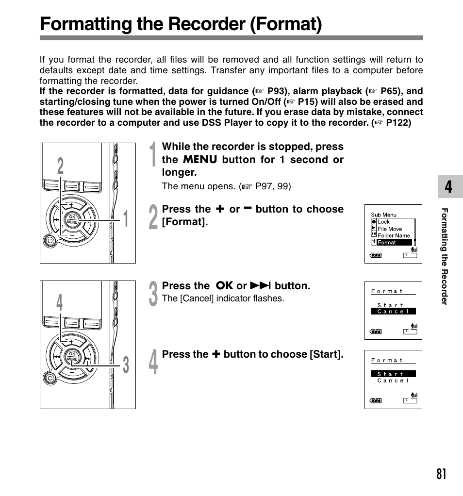 Formatting the recorder (format) | Olympus DS-61 User Manual | Page 81 / 171