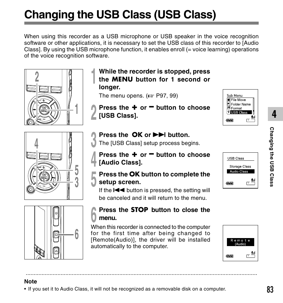 Changing the usb class (usb class) | Olympus DS-61 User Manual | Page 83 / 171