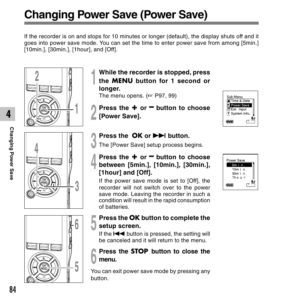 Changing power save (power save) | Olympus DS-61 User Manual | Page 84 / 171