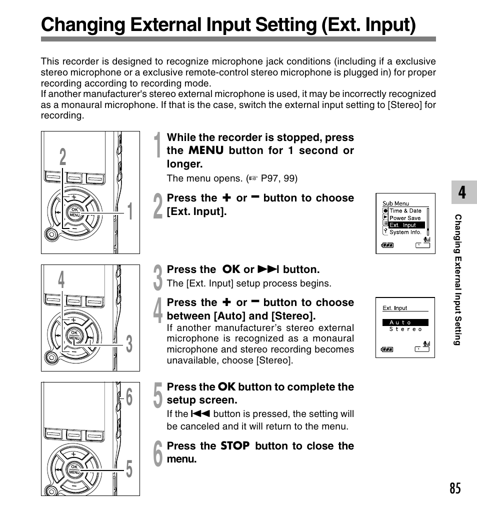 Changing external input setting (ext. input) | Olympus DS-61 User Manual | Page 85 / 171