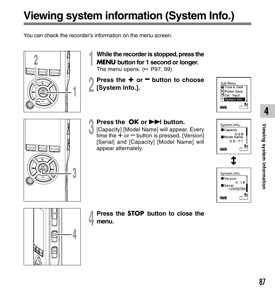 Viewing system information (system info.) | Olympus DS-61 User Manual | Page 87 / 171