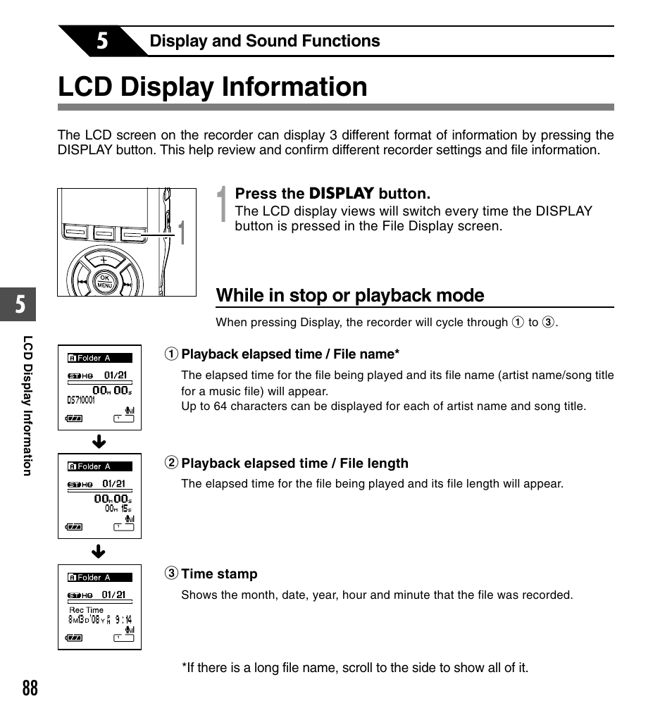 Lcd display information | Olympus DS-61 User Manual | Page 88 / 171