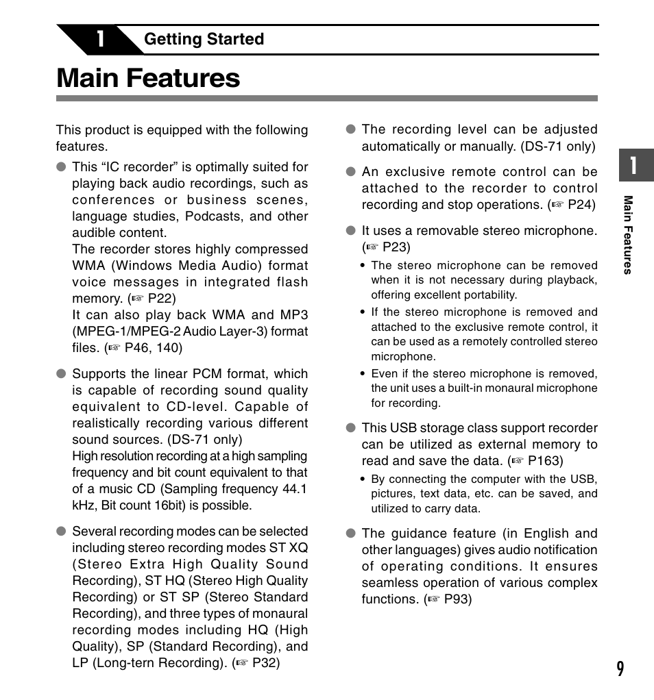 Main features, Getting started | Olympus DS-61 User Manual | Page 9 / 171