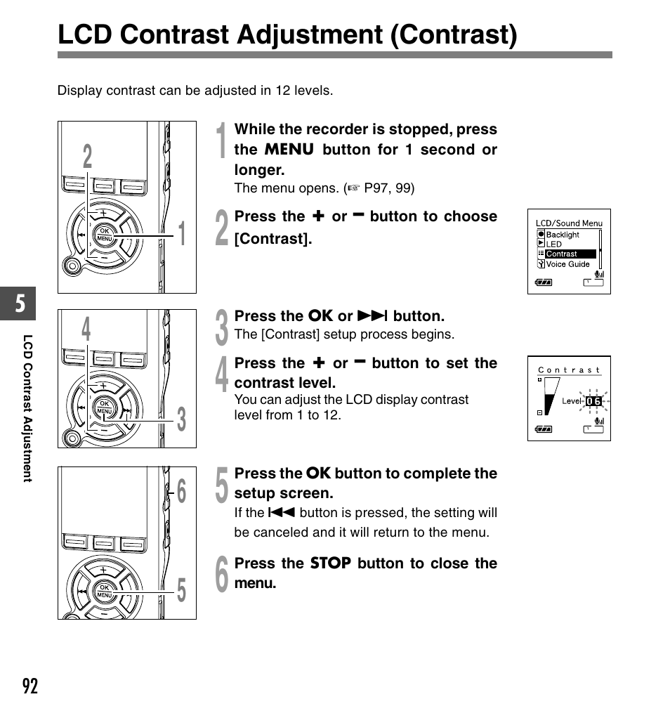 Lcd contrast adjustment (contrast) | Olympus DS-61 User Manual | Page 92 / 171