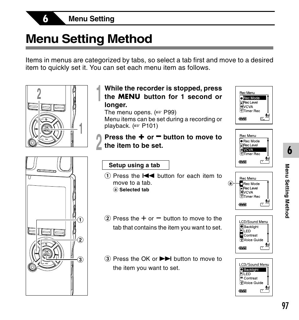 Menu setting method | Olympus DS-61 User Manual | Page 97 / 171