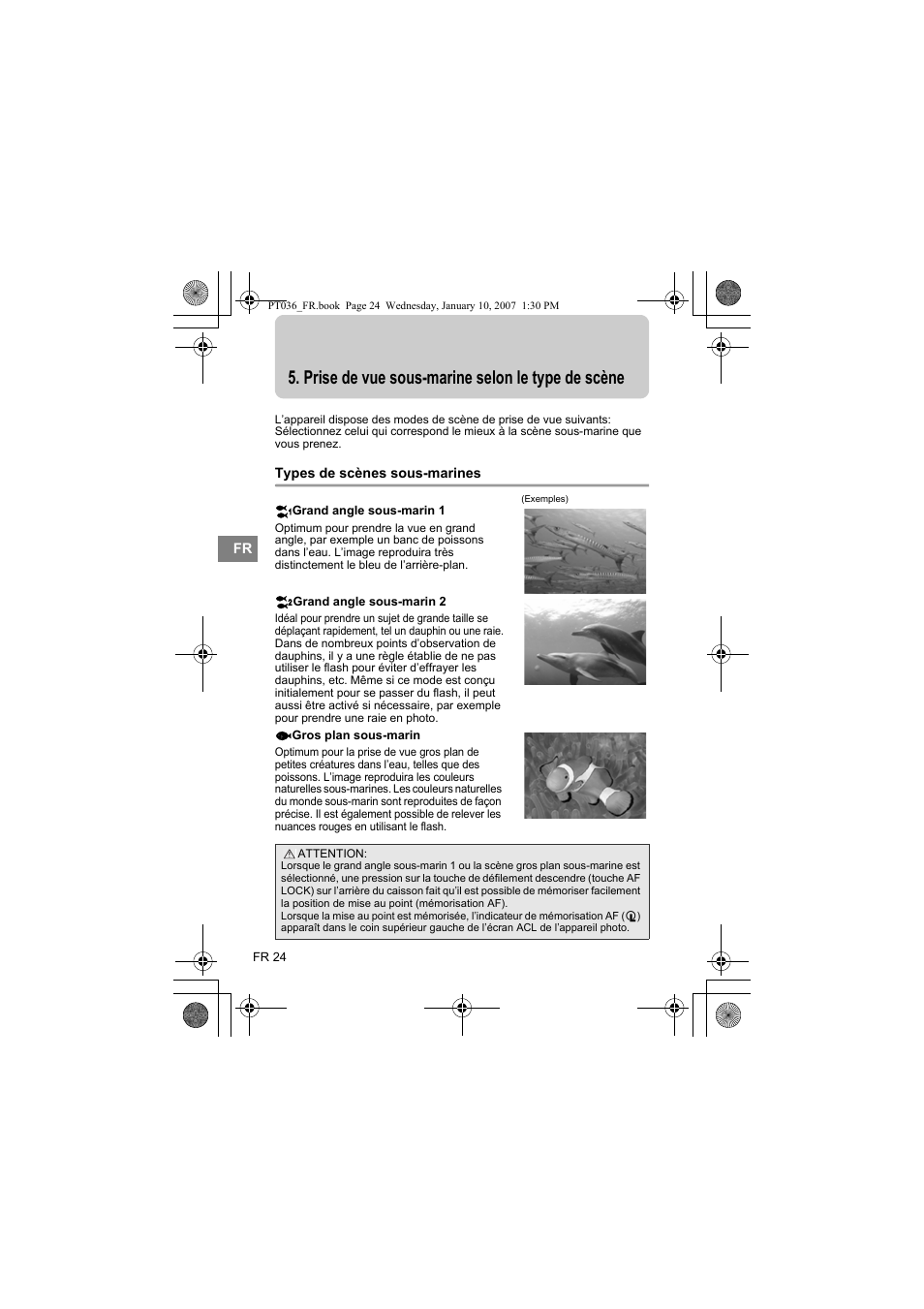 Prise de vue sous-marine selon le type de scène, Types de scènes sous-marines | Olympus PT-036 User Manual | Page 100 / 268