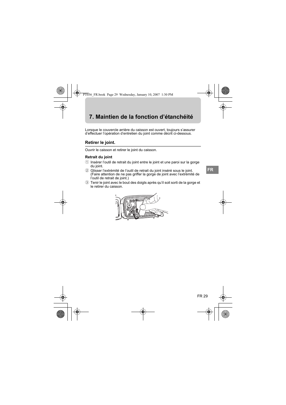 Maintien de la fonction d’étanchéité, Retirer le joint, Retrait du joint | Olympus PT-036 User Manual | Page 105 / 268