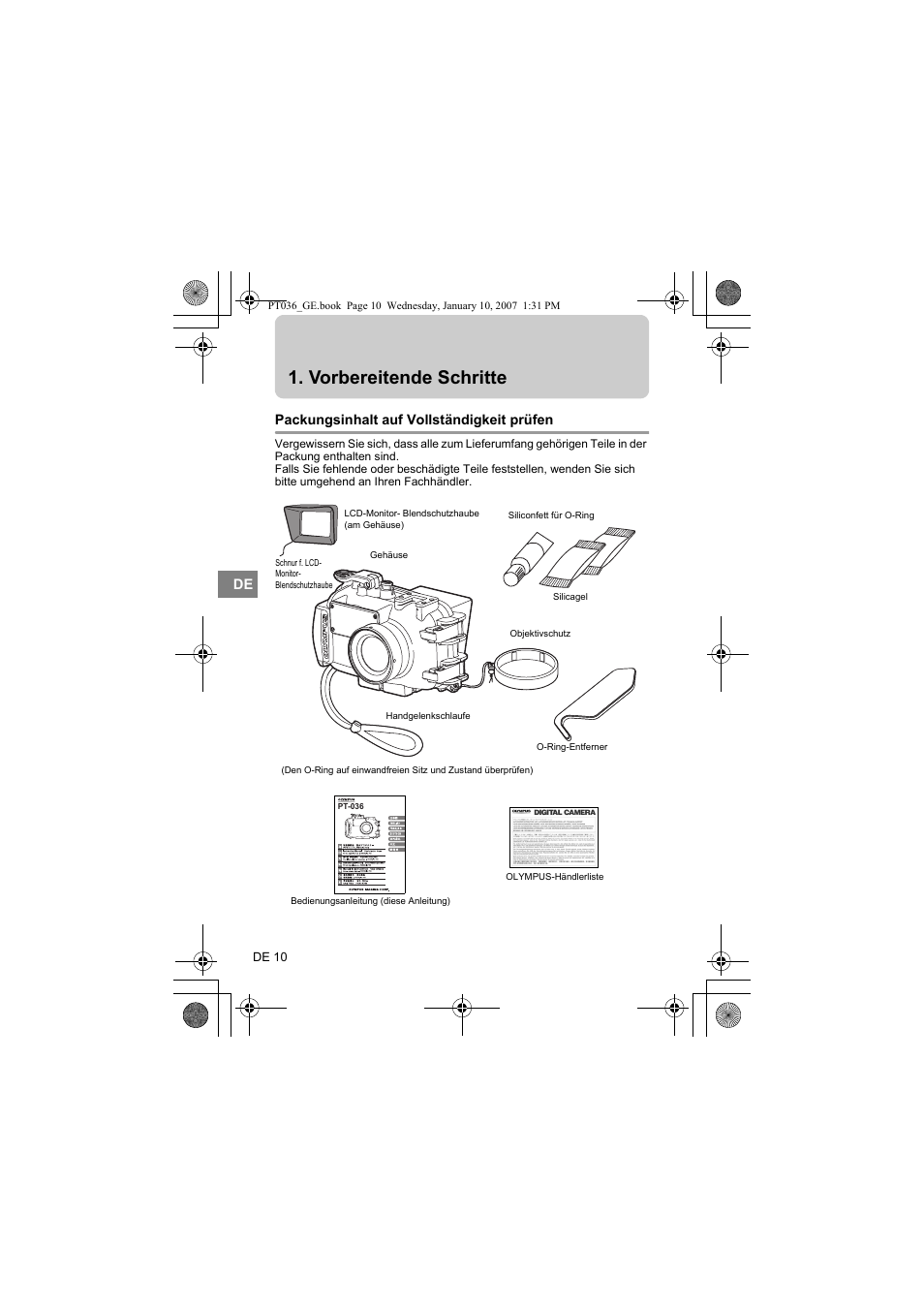 Packungsinhalt auf vollständigkeit prüfen, Vorbereitende schritte | Olympus PT-036 User Manual | Page 124 / 268