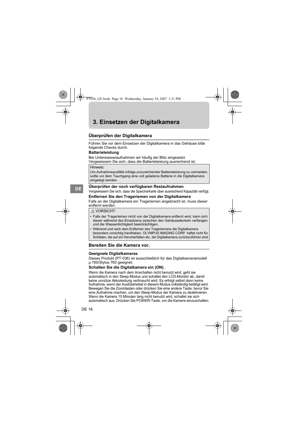 Einsetzen der digitalkamera, Überprüfen der digitalkamera, Bereiten sie die kamera vor | Olympus PT-036 User Manual | Page 130 / 268