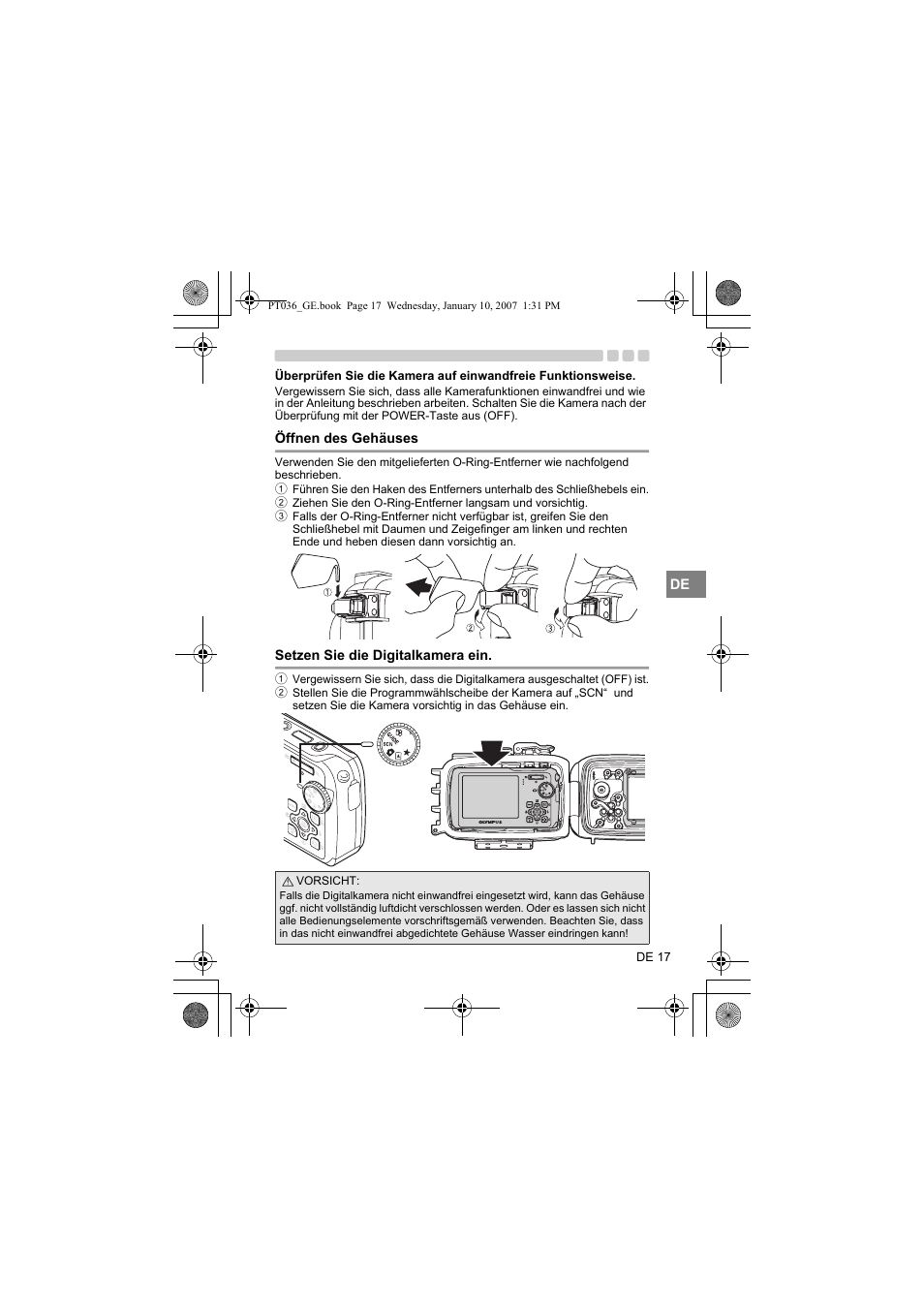 Überprüfen sie die kamera auf einwandfreie, Funktionsweise, Öffnen des gehäuses | Setzen sie die digitalkamera ein | Olympus PT-036 User Manual | Page 131 / 268