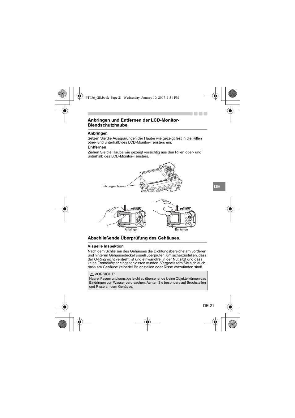 Anbringen und entfernen der lcd-monitor, Blendschutzhaube, Anbringen entfernen | Abschließende überprüfung des gehäuses, Visuelle inspektion | Olympus PT-036 User Manual | Page 135 / 268