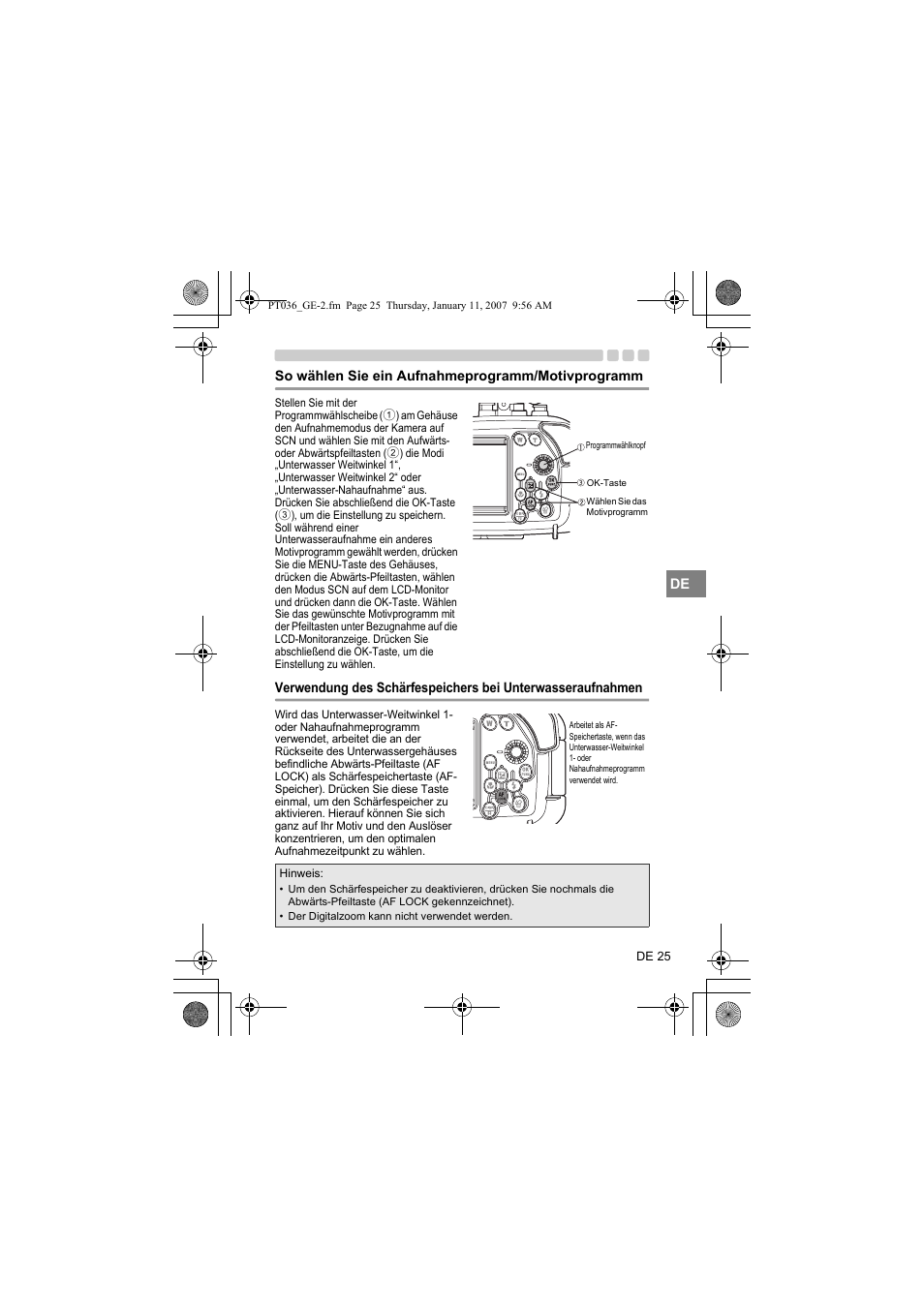 So wählen sie ein aufnahmeprogramm/motivprogramm, Verwendung des schärfespeichers bei, Unterwasseraufnahmen | Olympus PT-036 User Manual | Page 139 / 268