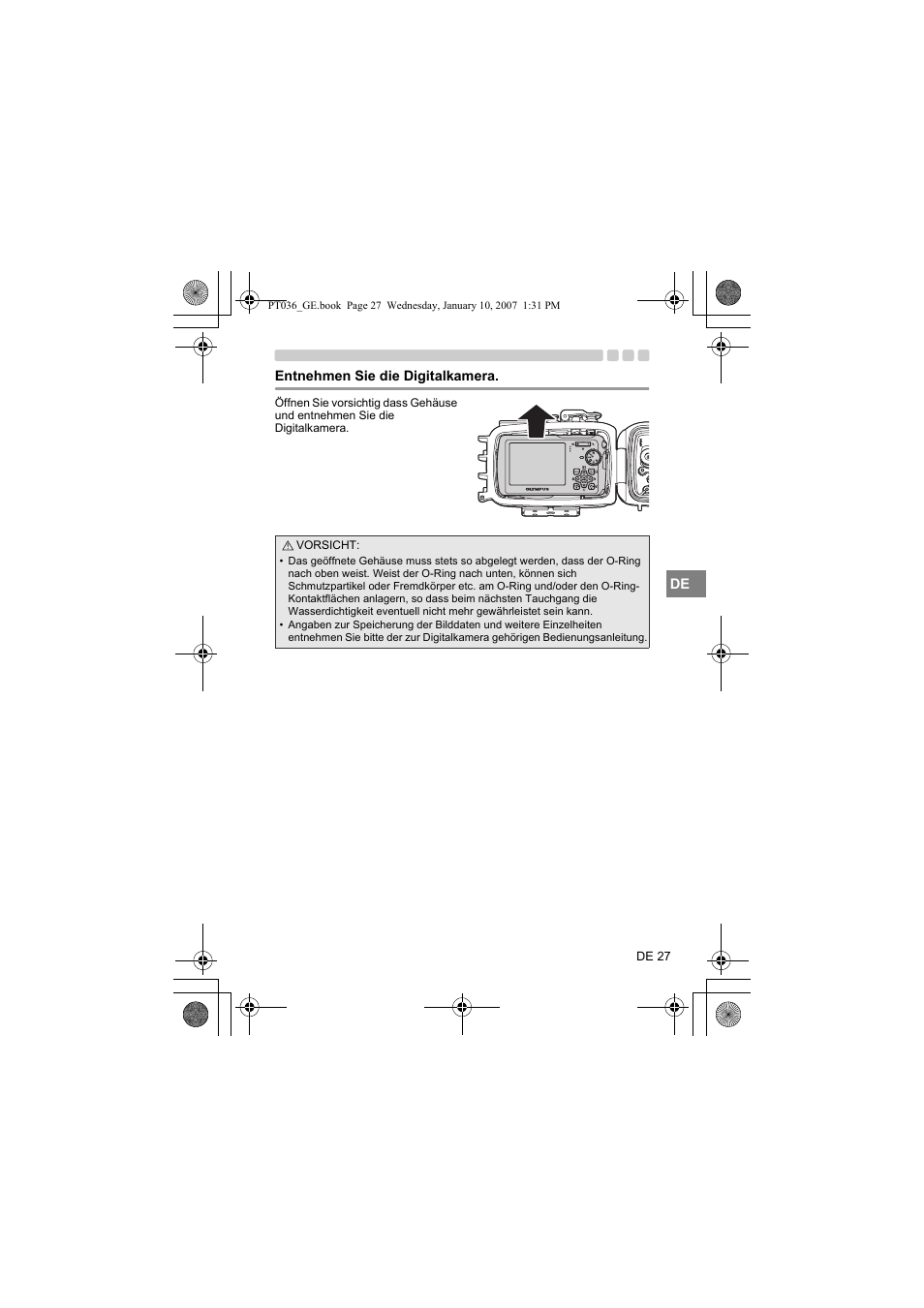 Entnehmen sie die digitalkamera | Olympus PT-036 User Manual | Page 141 / 268