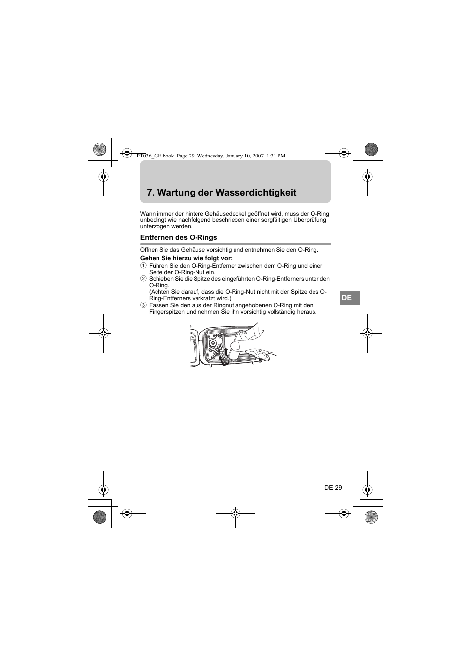 Wartung der wasserdichtigkeit, Entfernen des o-rings | Olympus PT-036 User Manual | Page 143 / 268