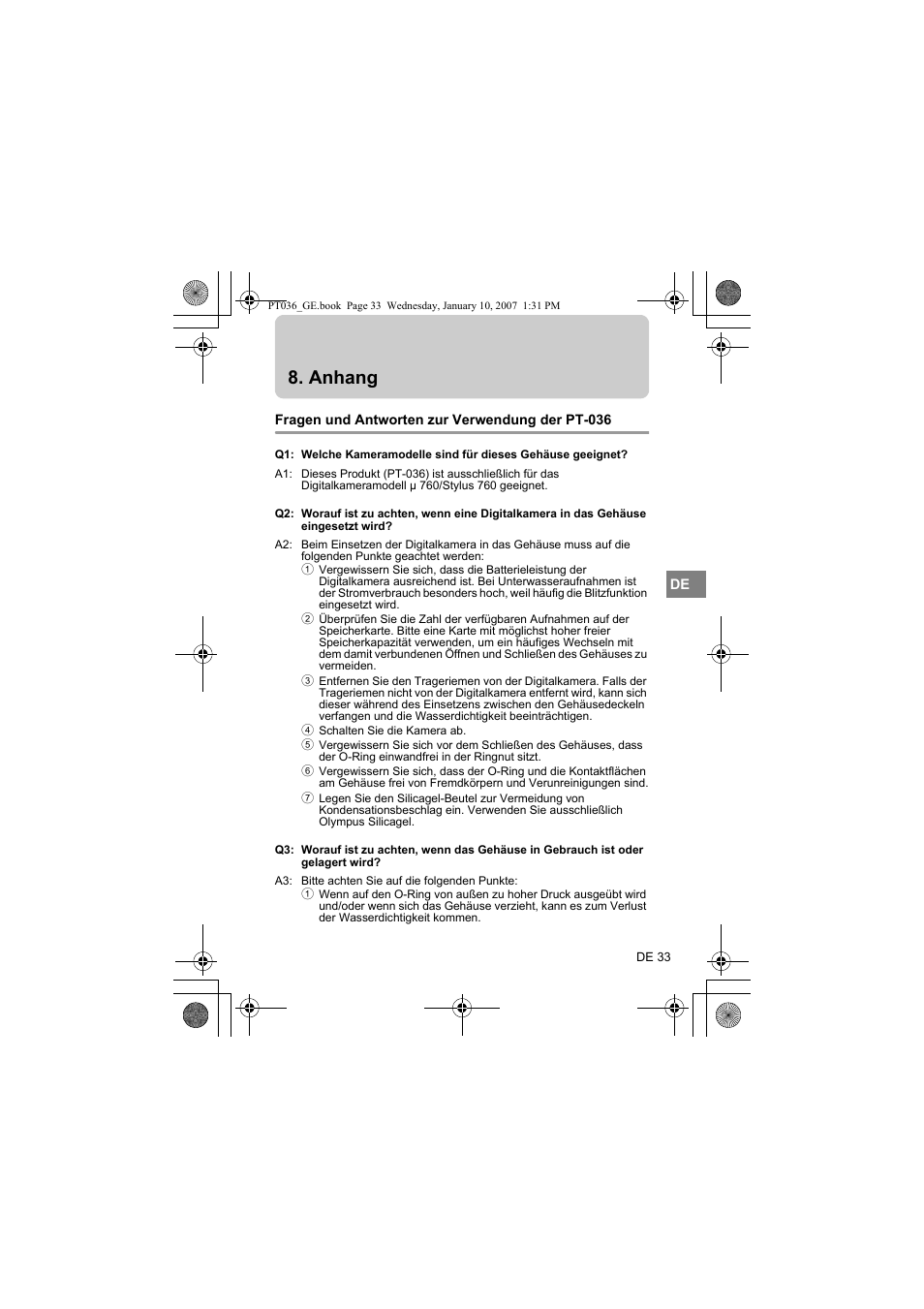 Anhang, Fragen und antworten zur verwendung der pt-036 | Olympus PT-036 User Manual | Page 147 / 268