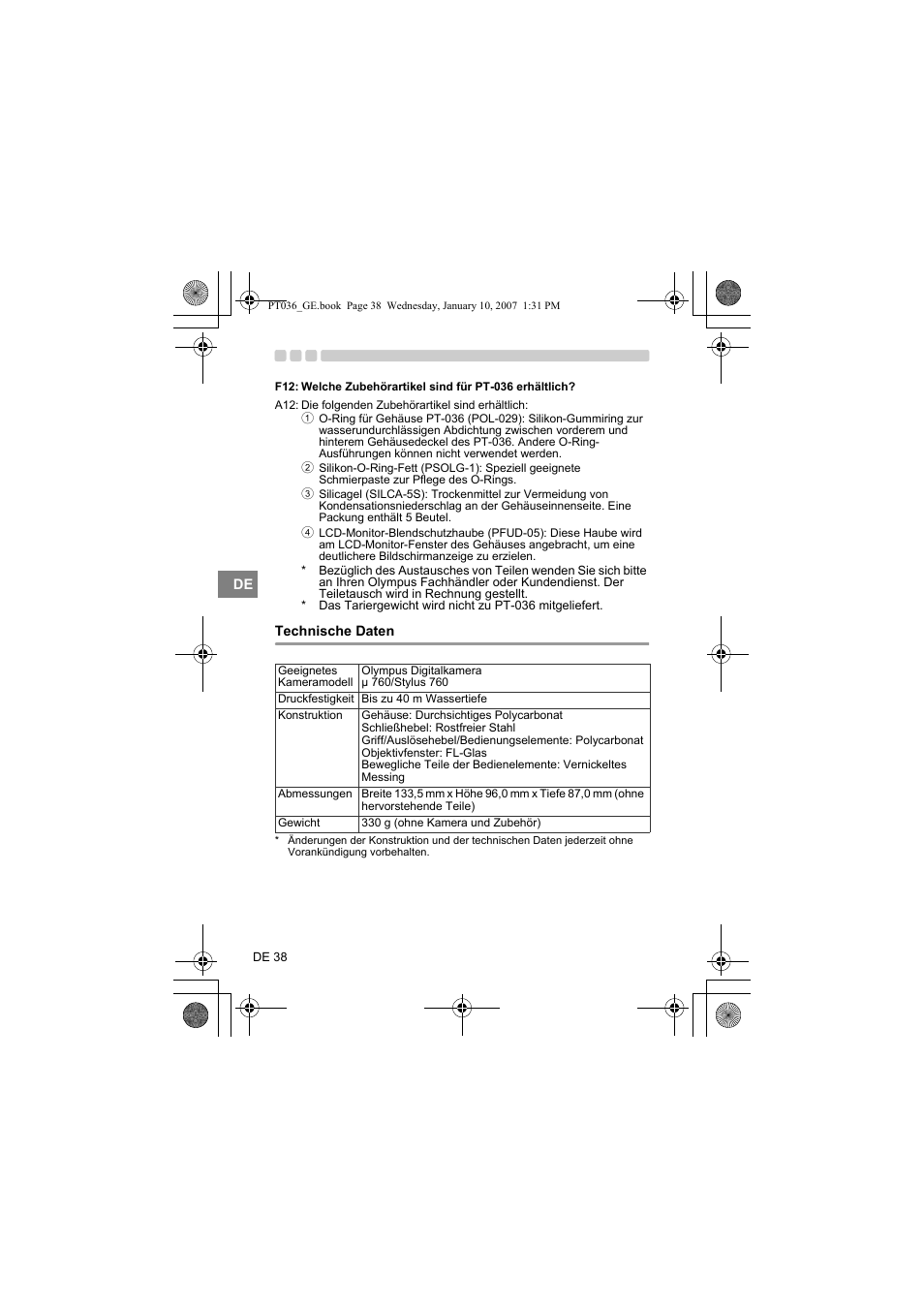 Technische daten | Olympus PT-036 User Manual | Page 152 / 268