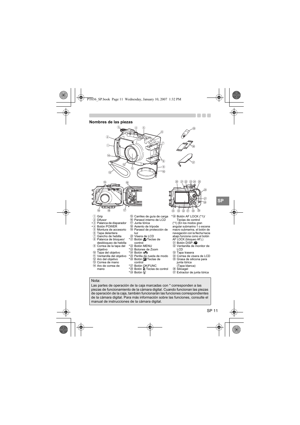Nombres de las piezas | Olympus PT-036 User Manual | Page 163 / 268