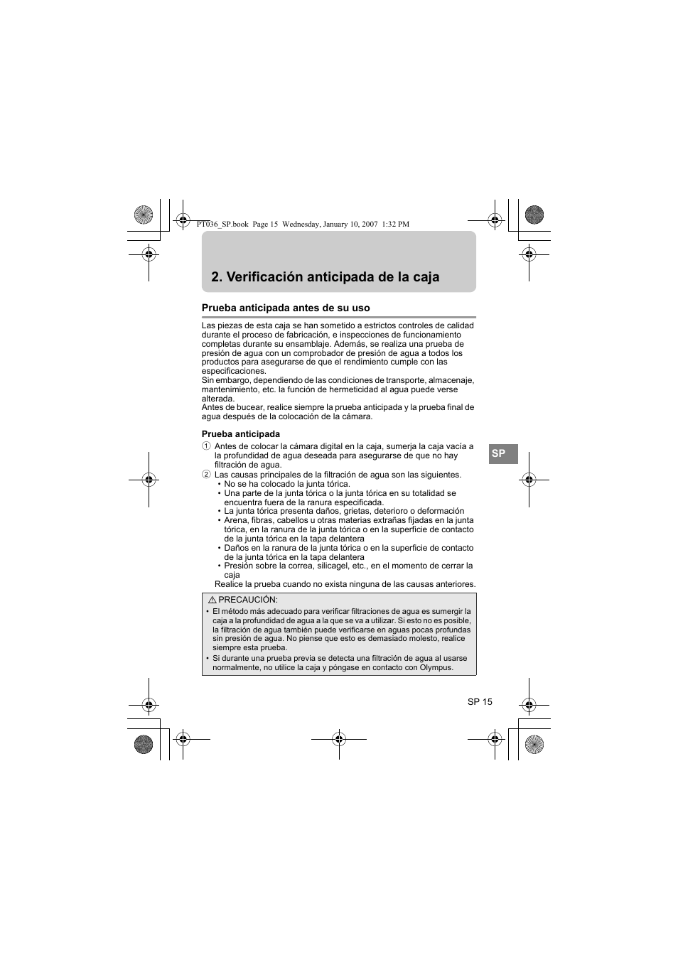 Verificación anticipada de la caja, Prueba anticipada antes de su uso, Prueba anticipada | Olympus PT-036 User Manual | Page 167 / 268